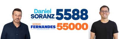 Faixa branca com os retratos de Daniel Soranz e Sergio Fernandes, e as marcas 5588 e 55000 entre eles